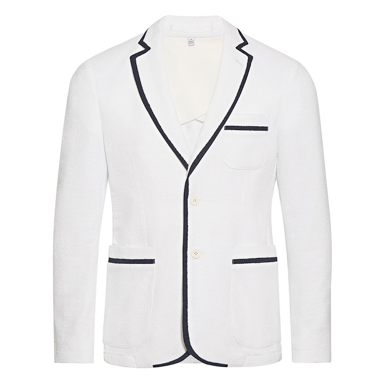 White towelling blazer with blue piping.