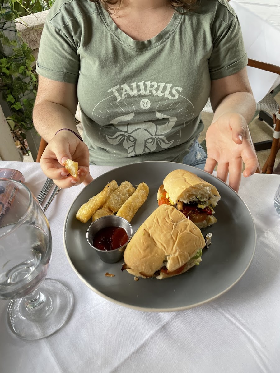 Egg and Steak Sandwich with Fried Yuca