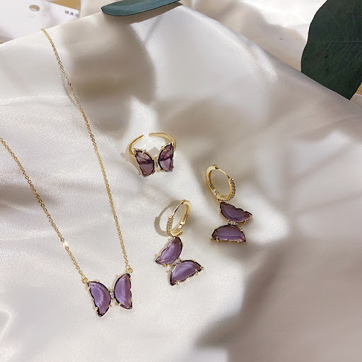Title 8, Purple Crystal Butterfly Stud Earrings Ring Nec...