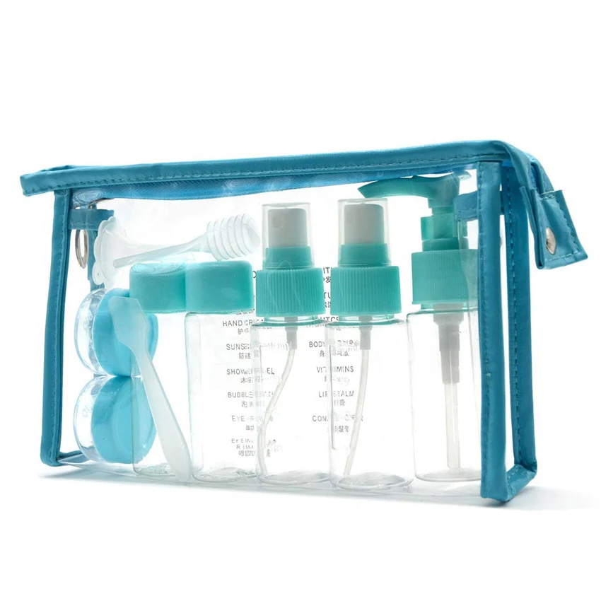 Set 11 Bottiglie di stoccaggio in plastica PET da viaggio Conserva in modo sicuro i tuoi liquidi in viaggio. Leggere, riutilizzabili, perfette per cosmetici e toiletries.