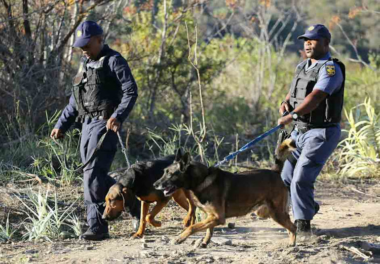 Dog handlers Warrant Officer Sindile Zingato with his bloodhound Siser alongside Seargant Jesty Gebe and his "hardworking" Belgian Shepard Lucky pose for a picture outside the Daily Dispatch's Beacon Bay offices following a big discovery.