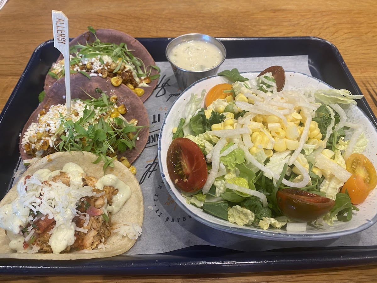 Simple Chicken taco, Flower Power tacos, and side salad