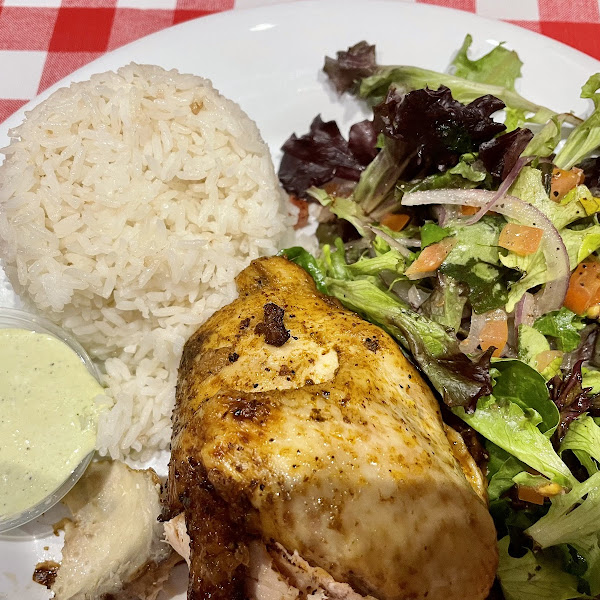 Rotisserie Chicken, with rice and salad