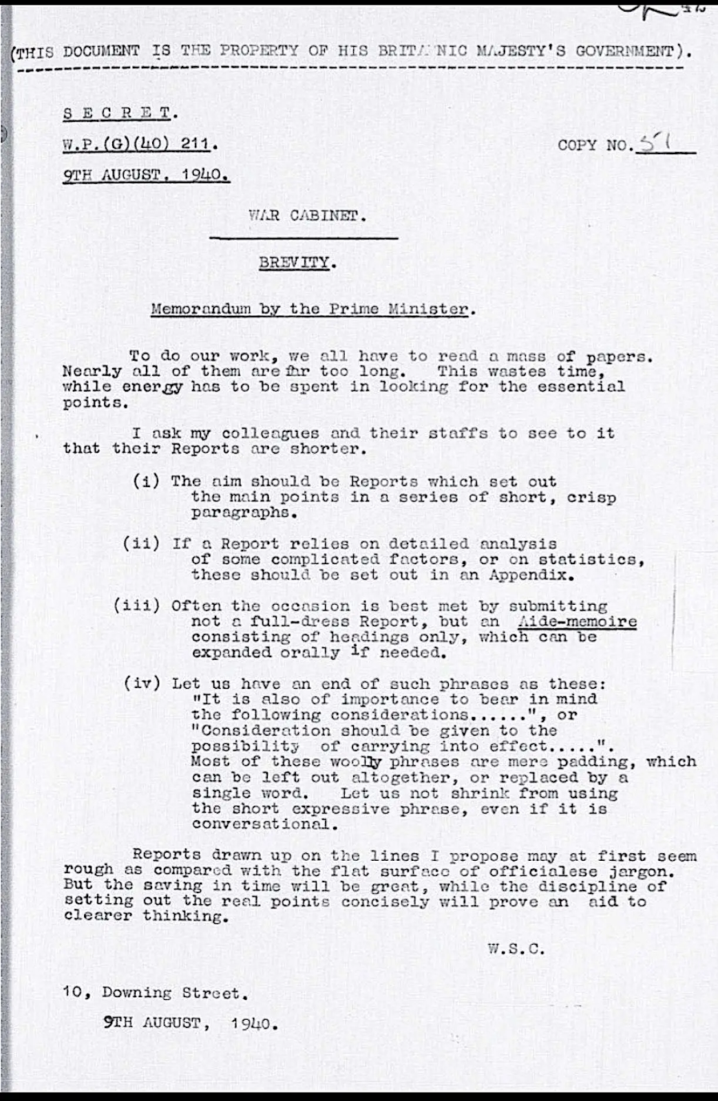 Winston Churchill's note on brevity in writing.