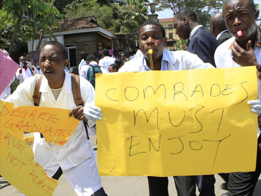 Medical laboratory students demonstrate at Afya House over lack of paid internships on October 24 last year