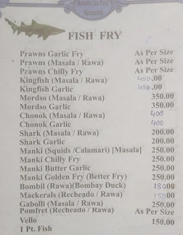 Manisha Seafood menu 