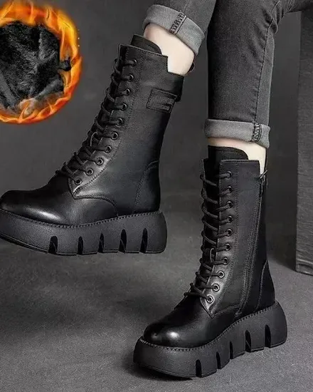 Winter Leather Women Boots 2023 Short Plush Mid-heel Snow... - 0