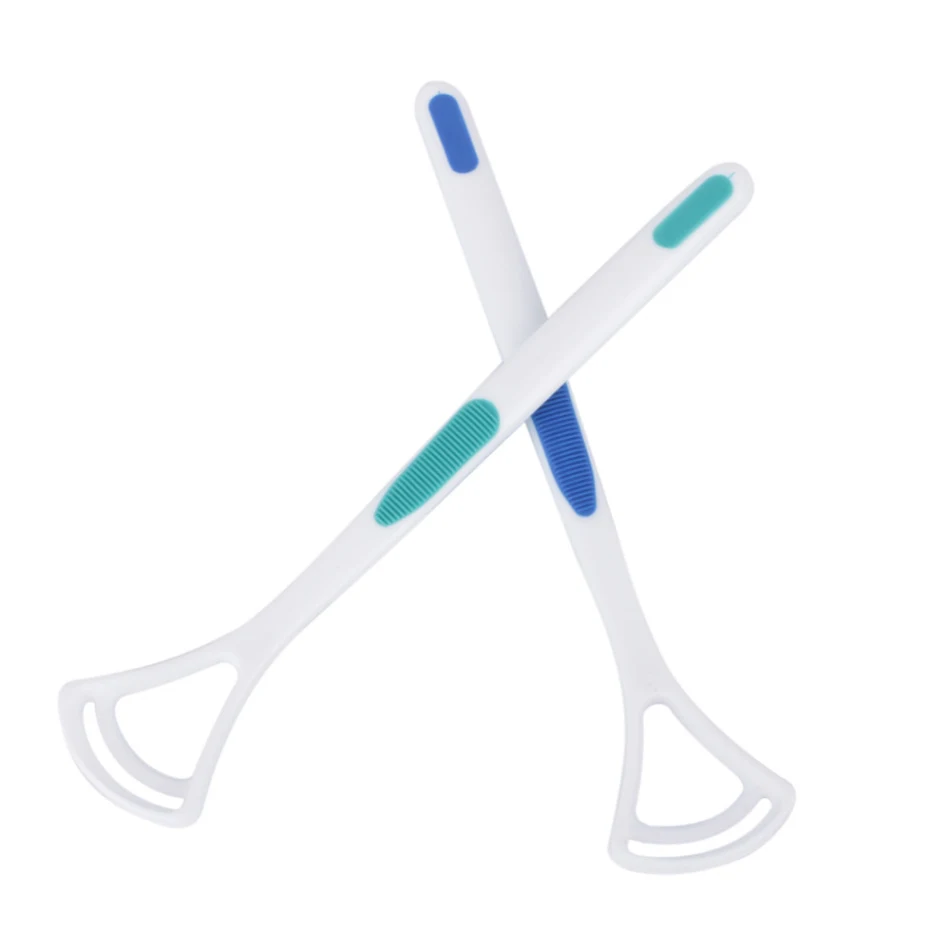 Kit duplo de raspadores de língua para higiene bucal. Remove bactérias, melhora o hálito e a saúde oral. Cuidados completos.