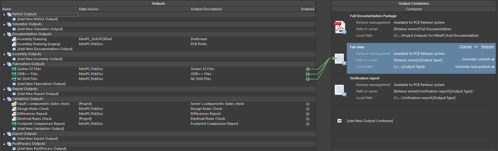 Altium Designer screenshot showing configuration of output job needed for the build system