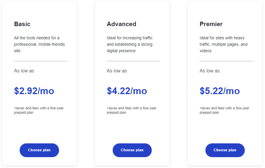 Screenshot of shared hosting plans