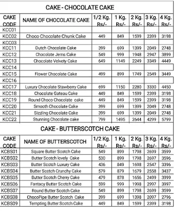 Kwality Cake menu 