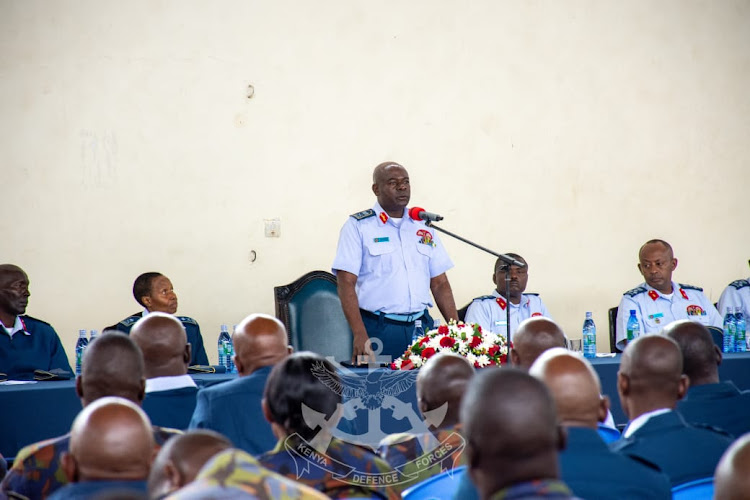 VCDF General John Omenda addresses KAF personnel during the change of guard ceremony as Major General Fatuma Ahmed assumed her role as Commander KAF at the KAF Headquarters in Nairobi, May 9, 2024.