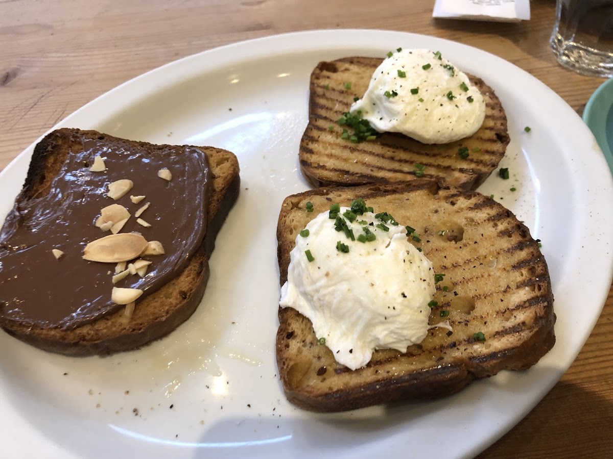 Eggs on toast and Nutella toast