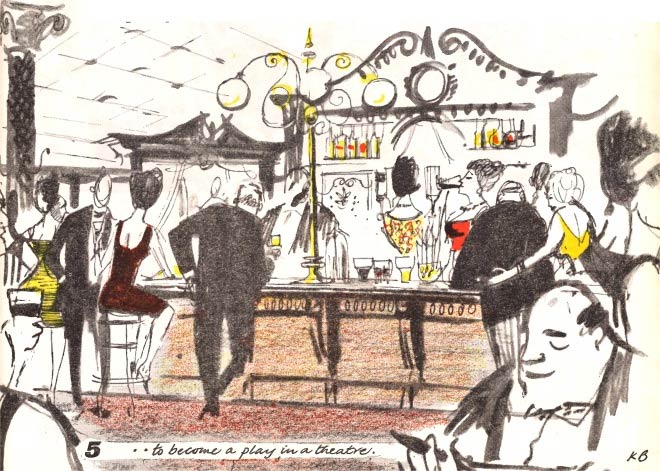 A drawing of a busy pub.