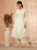 Floral Print Off-White Gathered Kurta