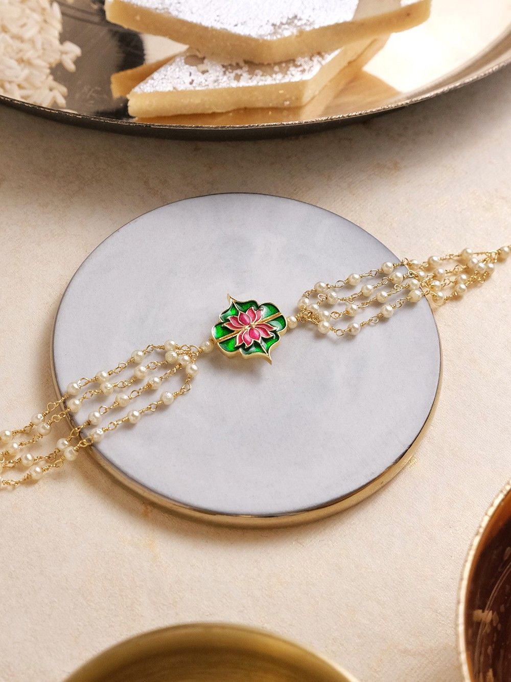 the loom - Green Pink Hand Painted Brass Lotus Bracelet