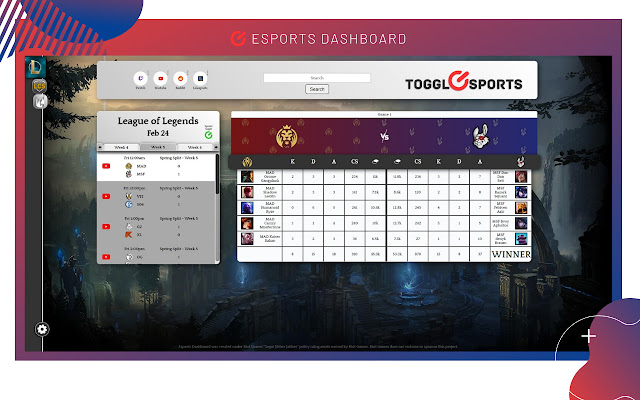 Esports Dashboard - The Esports New Tab chrome extension