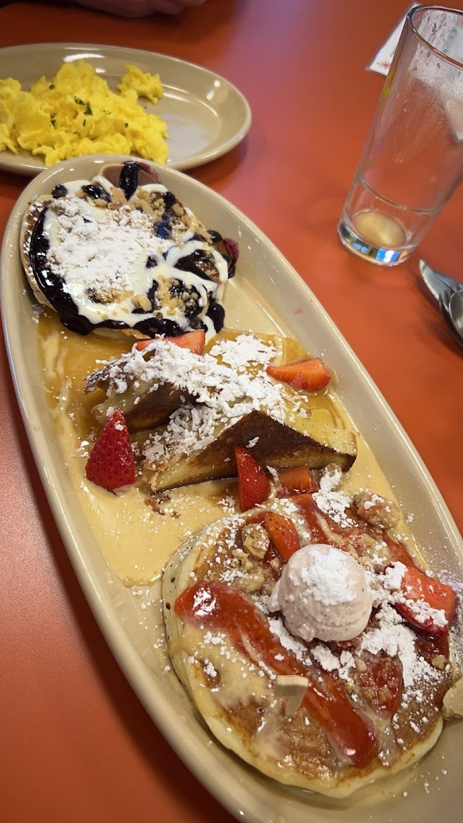 All gluten free! Blueberry and strawberry pancakes and stuffed french toast!