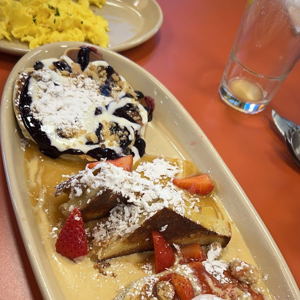 All gluten free! Blueberry and strawberry pancakes and stuffed french toast!