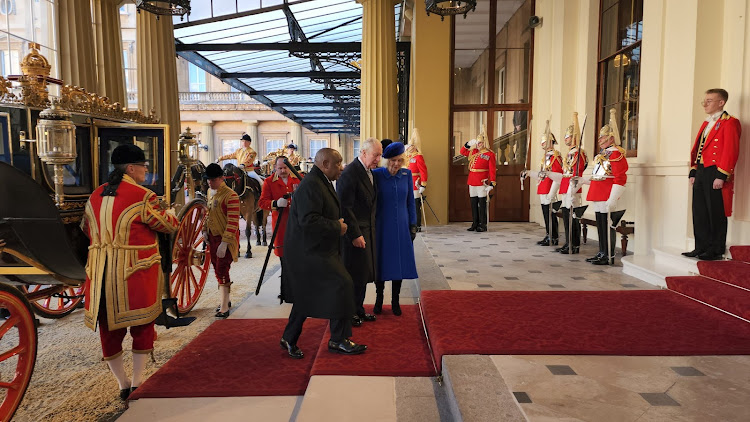 President Cyril Ramaphosa, together with King Charles III and Queen Consort Camilla's carriage procession, arrives at Buckingham Palace.