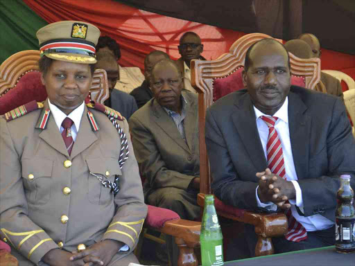 Nandi county commissioner Lucy Mulili and governor Cleophas Lagat at Kipcghoge Keino stadium during Madaraka day celebrations. PHOTO BY BARRY SALIL