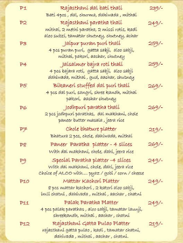 Rroyal Rajasthan menu 