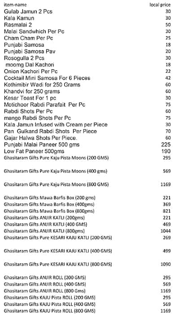 Ghasitaram Sweets And Gifts menu 