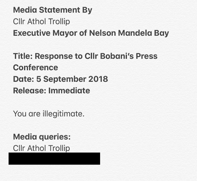 A screengrab of a terse statement issued by Athol Trollip on September 5 2018. The former Nelson Mandela Bay mayor confirmed the statement. TimesLIVE has edited out his phone number.