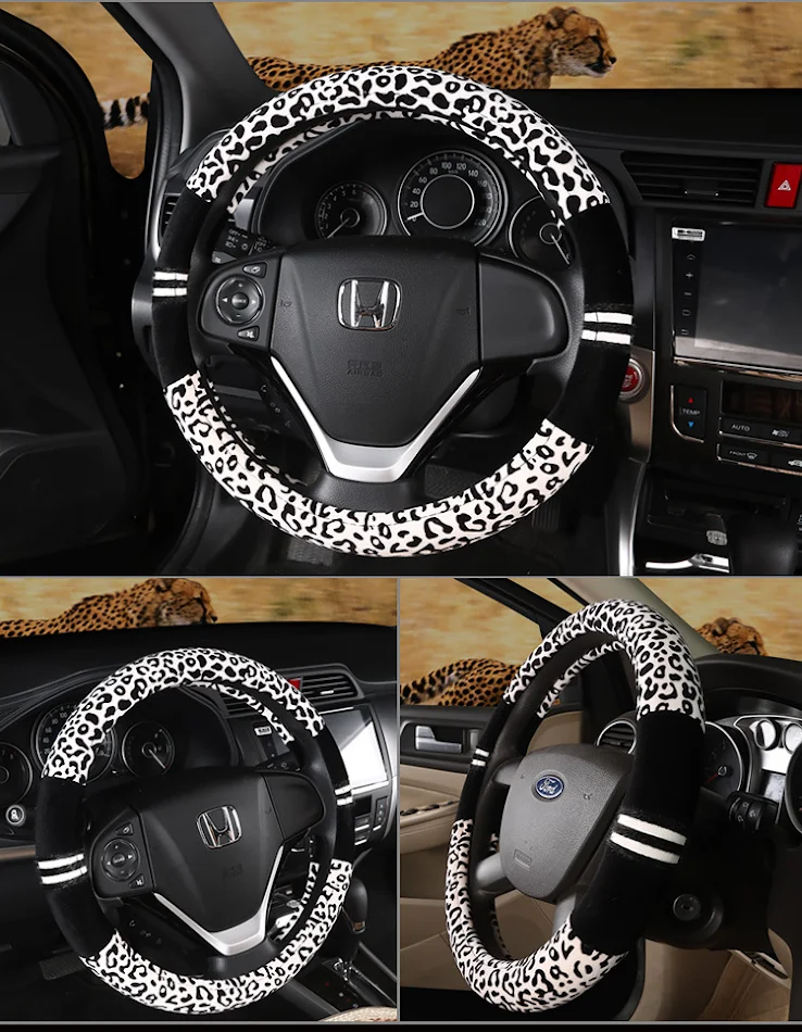 Housse de volant de voiture en peluche d'hiver motif léopard. Douce, chaude et antidérapante, pour une conduite confortable et élégante en hiver.