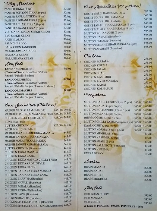 Persian Darbar menu 