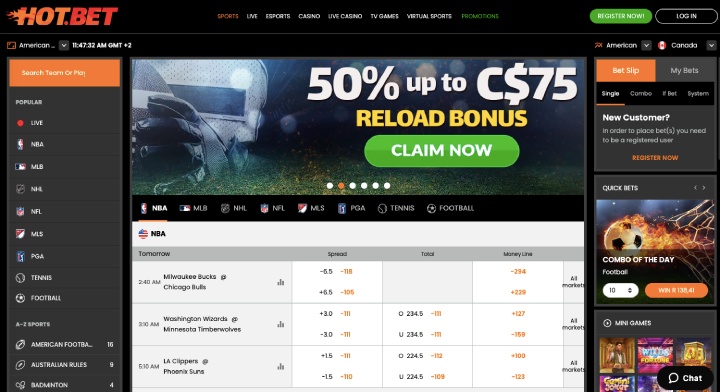 HotBet 50% up t0 $750 welcome bonus homepage