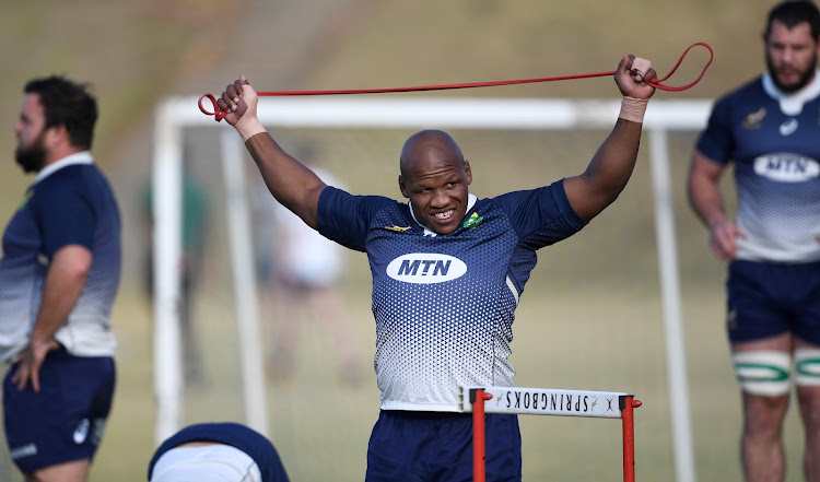 Springbok hooker Bongi Mbonambi during the team's training session at St Stithians College in Johannesburg ahead of the Test against Wales at Loftus.