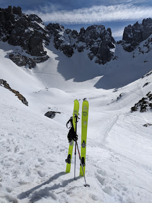 Black crows skis waiting for ski all those lines behind