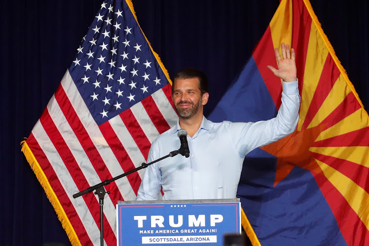 Donald Trump Jr gestures during a campaign rally for U.S. President Donald Trump ahead of Election Day, in Scottsdale, Arizona, U.S., November 2, 2020. REUTERS/Edgard Garrido