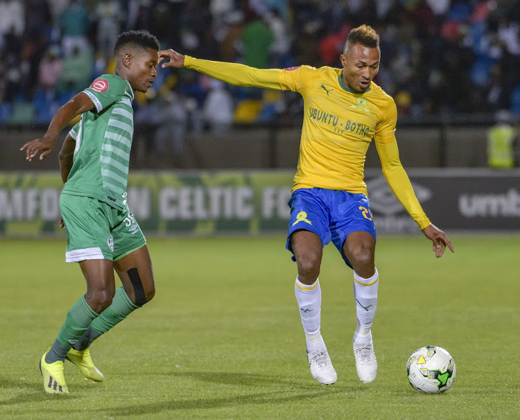 Toni Silva of Mamelodi Sundowns and Menzi Masuku of Bloemfontein Celtic during the Absa Premiership 2018/19 game between Bloemfontein Celtic and Mamelodi Sundowns at Dr Molemela Stadium in Bloemfontein on 03 October 2018.