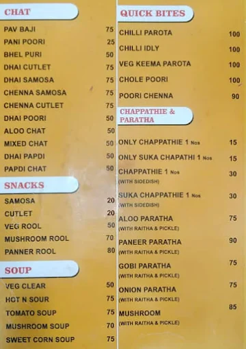 Hot Chappathies menu 