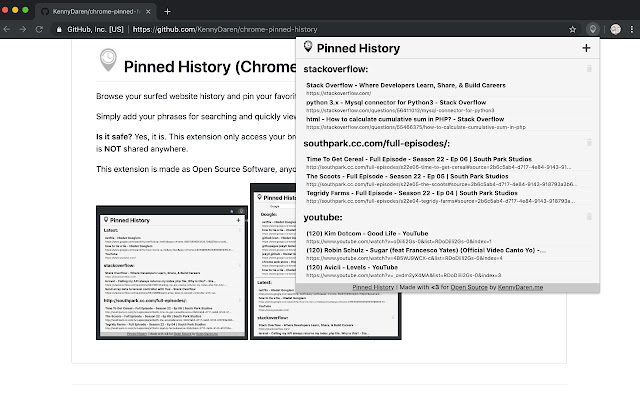 Pinned History chrome extension