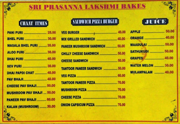 sri prassanna lakshmi bakes menu 