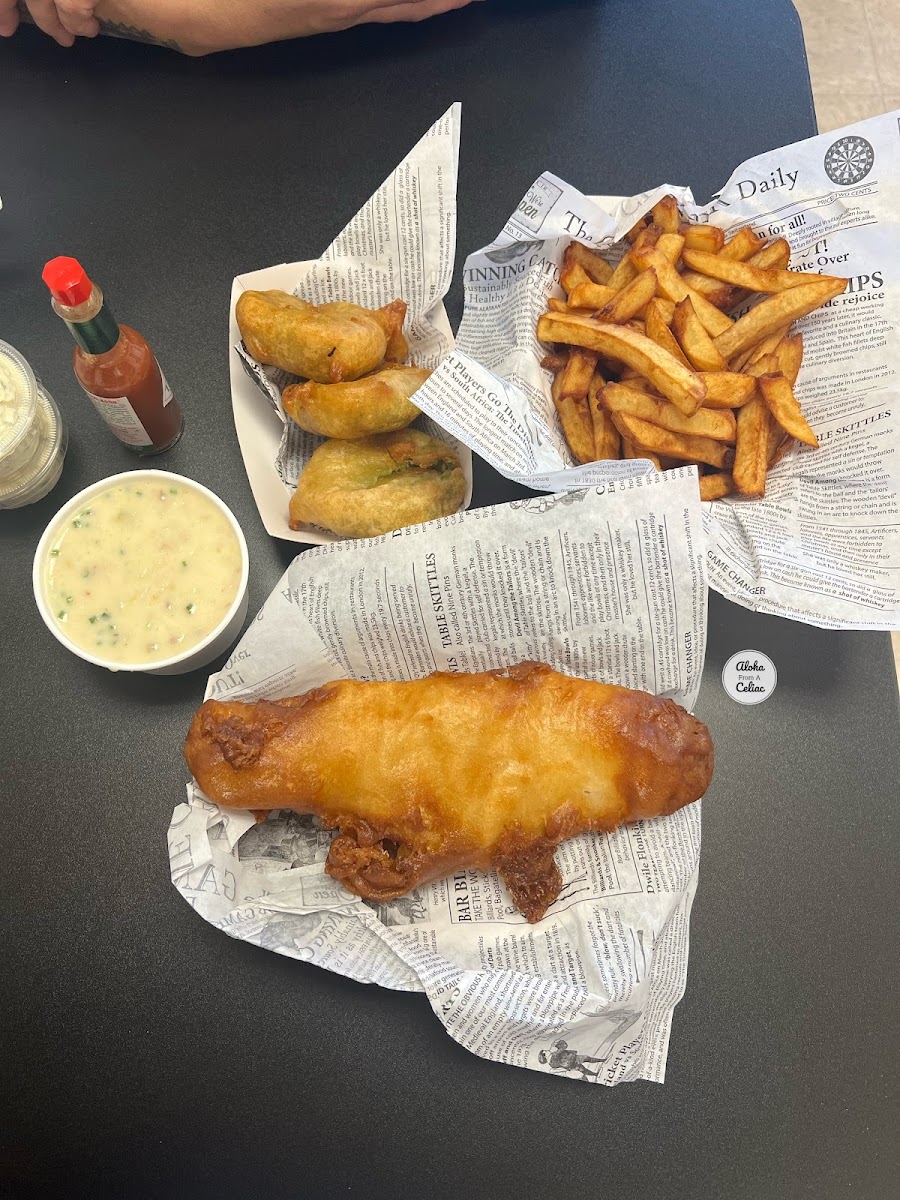 Our usual order: Haddock, chips, mushy pea fritters and clam chowder!