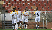 Sanelo Mathenjwa of Black Leopards celebrates goal with team mates during the DStv Premiership match between Tshakhuma FC and Black Leopards at Peter Mokaba Stadium on May 01, 2021 in Polokwane, South Africa. 