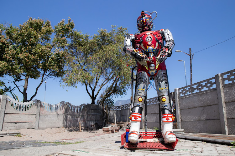 Robot 5 greets visitors to Hoosain Dixon’s home in Bridgetown, Cape Town, in November 2018.