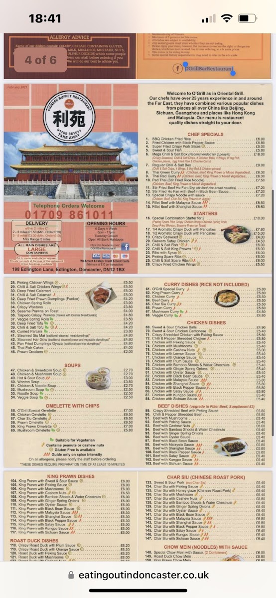 O’Grill Buffet Chinese Restaurant gluten-free menu