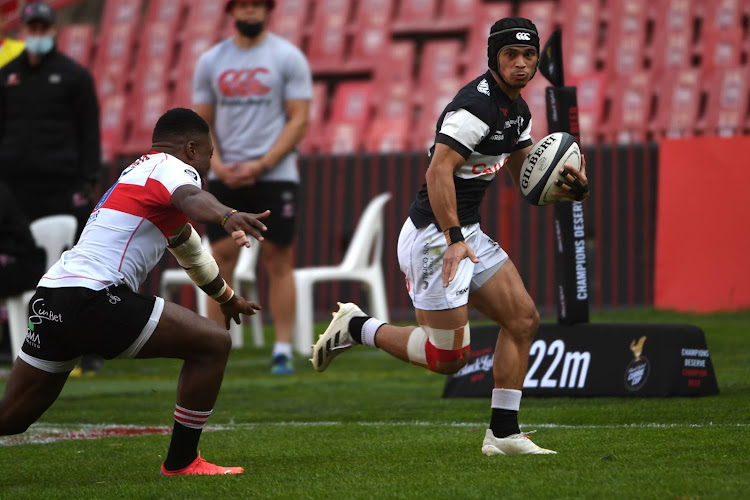 The Sharks' Thaakir Abrahams, who scored a hat-trick of tries against the Lions, in action during their Carling Currie Cup match on Saturday at Emirates Airline Park, in Johannesburg