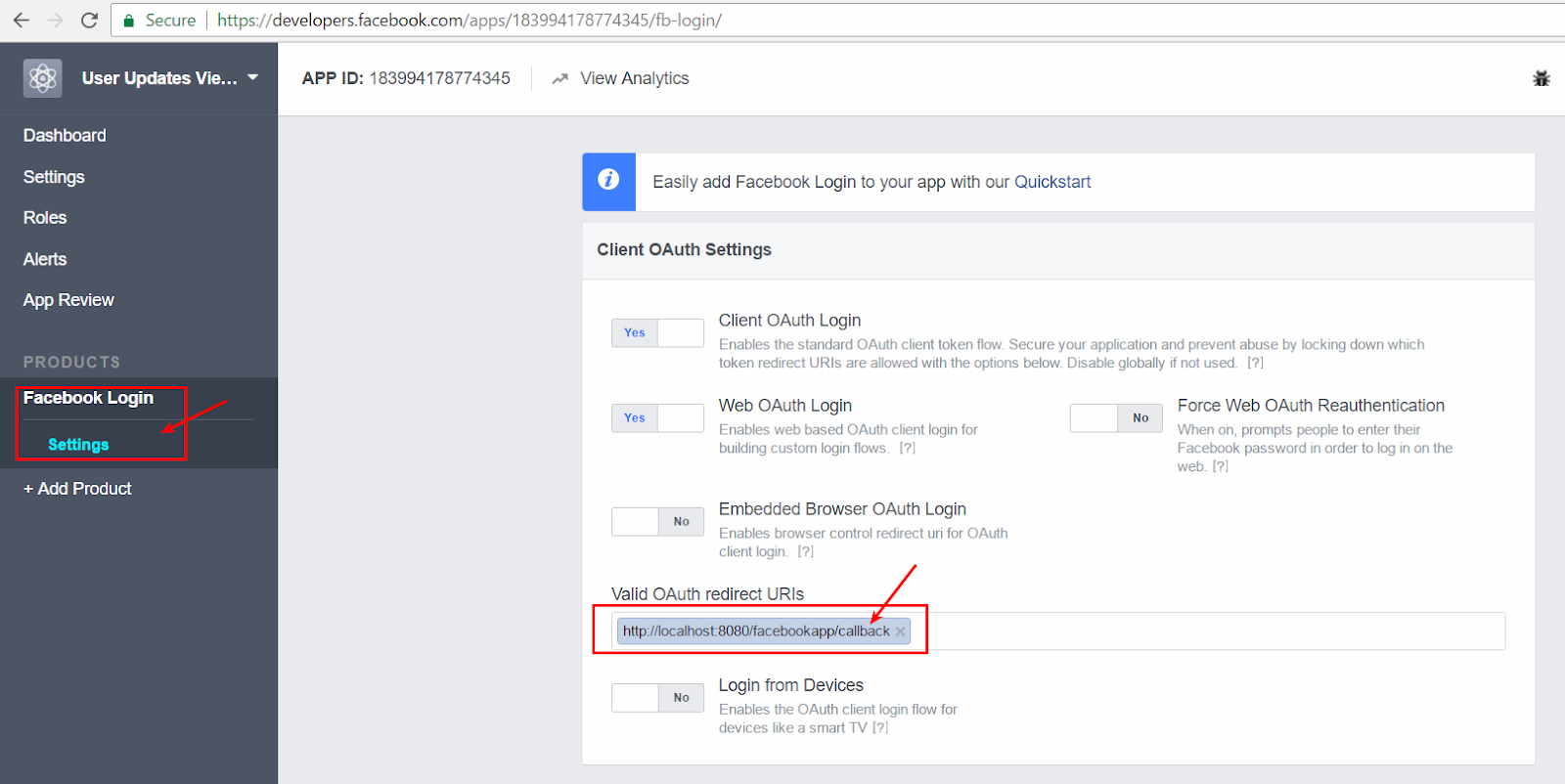 Adding Client ID and Client Secret for Facebook Login