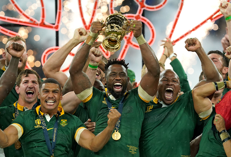 Captain Siya Kolisi lifts the Webb Ellis Cup as the Springboks celebrate winning the 2023 Rugby World Cup final against the All Blacks at Stade de France in Saint-Denis, Paris in October 2023