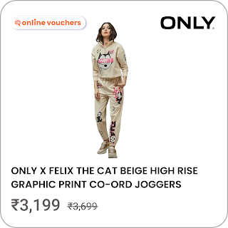 ONLY x FELIX THE CAT BEIGE HIGH RISE GRAPHIC PRINT CO-ORD JOGGERS