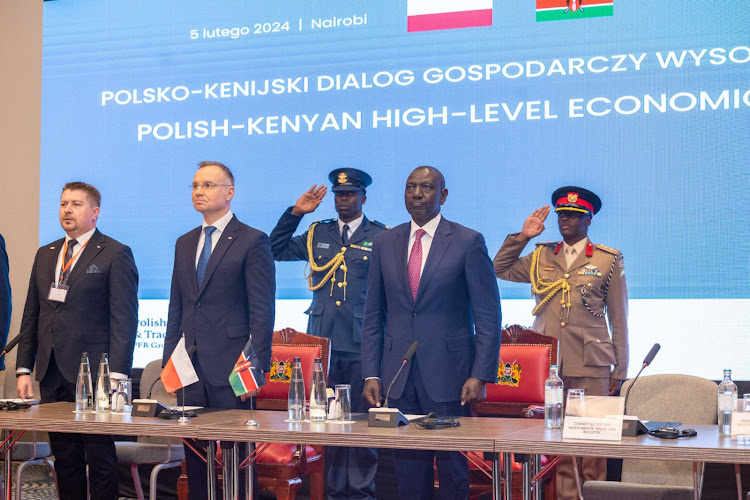 President William Ruto and his Poland Counterpart Andrzej Duda during the Polish-Kenyan High-Level Economic Dialogue at a Nairobi on February 5, 2024.