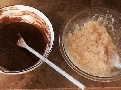 Coconut topping next to the batter in progress.