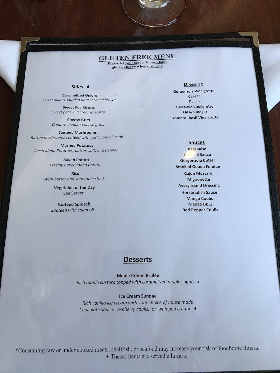 Eastside Grill gluten-free menu