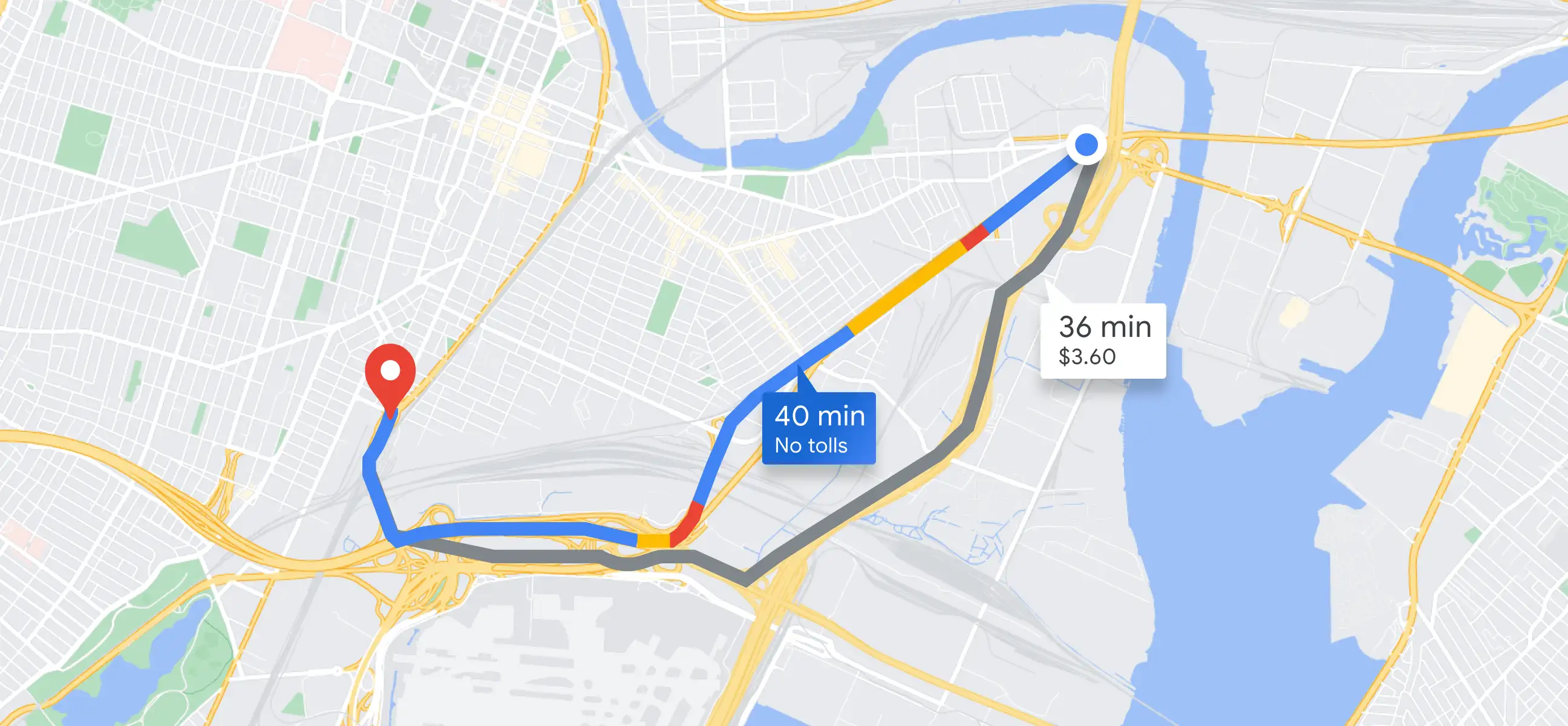 Map showing a route that avoids tolls